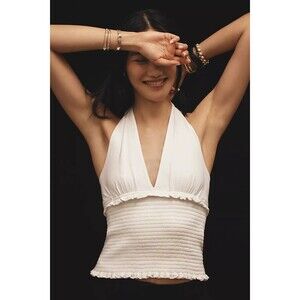By Anthropologie The Danika Smocked Halter Tank Top Ruffle White S NEW 277582